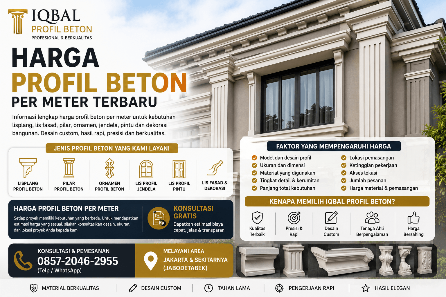 Harga profil beton per meter untuk lisplang, pilar, ornamen dan fasad rumah